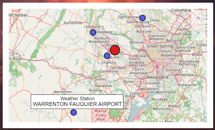 The map displays the weather stations used for the weather data